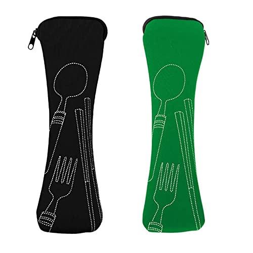 Mnsconkl Borsa portaposate, per il viaggio, 2 pezzi, portatile, in neoprene, vuota, con chiusura lampo, posate da campeggio, lavabile a scuola, picnic, posate da viaggio, colore nero e verde