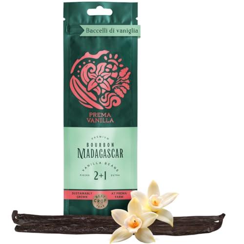 PREMA VANILLA Vaniglia Bacche di Qualità Gourmet 14-18 cm, Bacche di Vaniglia Bourbon Madagascar, Baccelli di Vaniglia Naturale e Bio, Aroma Ricco e Intenso, 2 Baccelli di Vaniglia, 1 in Regalo