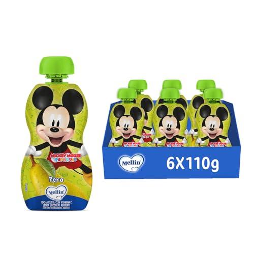 MELLIN Merenda alla frutta, Pouch Disney Mickey Mouse, 100% Frutta, gusto Pera 110g -6 Confezioni da 110g