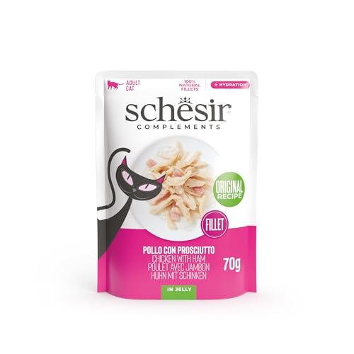 Schesir, Filetti di Pollo con Prosciutto in Gelatina, Cibo Umido Complementare per Gatti, Ricetta Originale, 100% Naturale, 12 buste da 70g