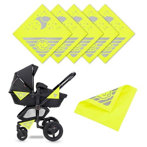 6 riflettori universali per passeggino, con chiusura in , per passeggini, biciclette, rimorchi, ecc., con simpatici bambini e nuvole, luna e stelle, colore giallo fluo