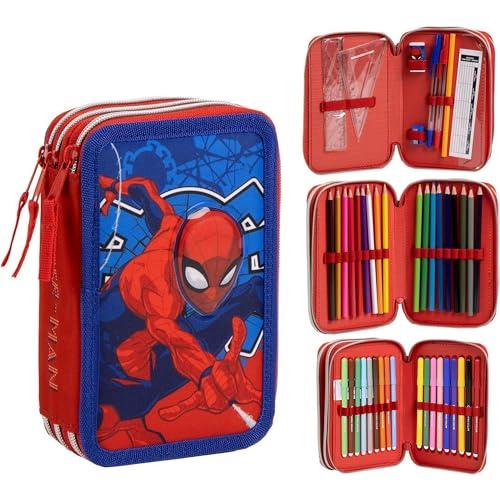 CERDÁ LIFE'S LITTLE MOMENTS Astuccio con accessori Giotto Spiderman con pennarelli, penne e matite | Astuccio triplo per bambini con design Marvel, Uomo Ragno, 12.5x6.5x19.5 cm, Licenza