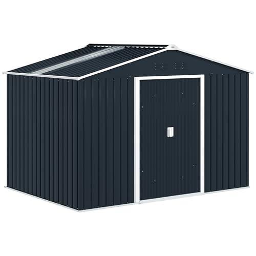 Outsunny Casetta da Giardino 5m² in Acciaio Zincato con Prese d'Aria, Capanno da Giardino con Tetto Inclinato, Doppie Porte Scorrevoli Bloccabili, Capanno Porta Attrezzi, 277x195x192 cm, Grigio Scuro