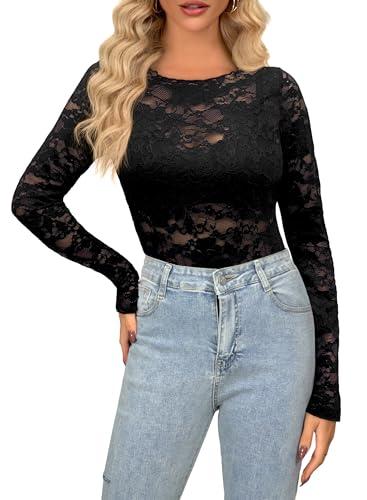 Maglietta da donna, in pizzo trasparente, a rete, sexy, a maniche lunghe, con motivo floreale, stile anni 2000, Nero01, XL