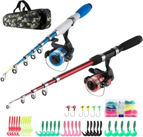NewBEP Kit completo di canna telescopica con mulinelli, canne 1,3 m e 1,6 m, mulinelli da spinning, ami, borsa, kit per bambini e principianti