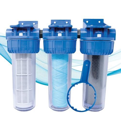 AQUASKUDO Filtro Acqua Rubinetto tre Stadi 3/4, Kit Filtro Acqua Sotto Lavello Made in Italy - Depuratore Acqua Domestico, Contenitore Filtri Anticalcare e Carboni Attivi