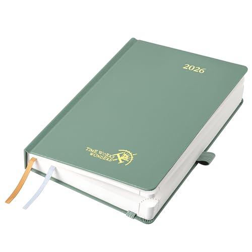 POPRUN Agenda 2026 Giornaliera, Copertina Rigida, 21,5 x 14,5 cm, 1 Giorno 1 Pagina con Intervallo Orario e Angoli a Strappo, Carta Spessa da 80 GSM, Verde Mezzanotte