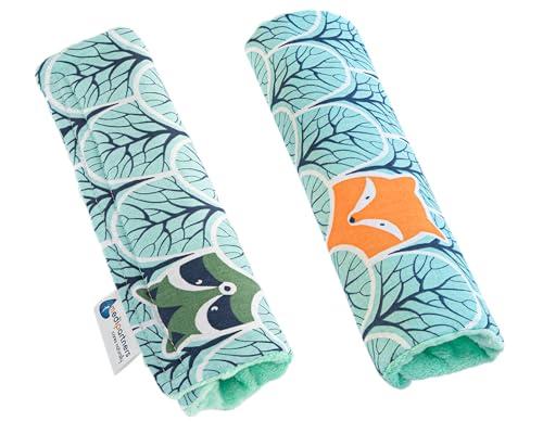 Medi Partners Copri Cintura di Sicurezza 2 Pezzi Auto Copricintura Bambini Car Cuscino 17x22cm 100% Cotone Minky Cinture Kids Copri Seggiolino Protezione (Forest con menta Minky)