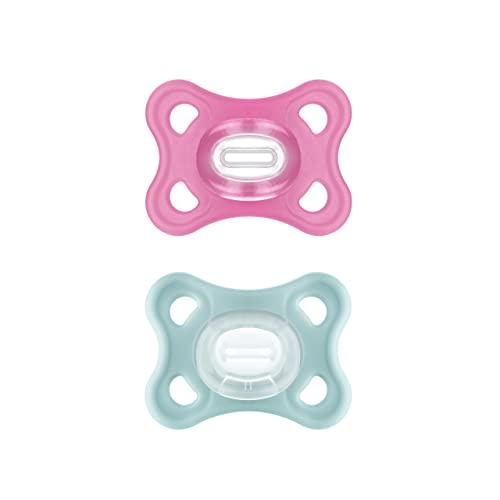 MAM Ciuccio Comfort in set da 2 pezzi, particolarmente piccolo e leggero, per neonati e neonati, in 100% silicone, con tettarella morbida MAM SkinSoft e scatola per ciuccio, 3-12 mesi, rosa