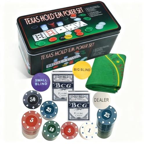 Shop SoftAir Set da Poker Texas Hold'em, 200 Fiches con Valori in Euro, Scatola in Metallo, 24x11,5x12 cm, con 2 Mazzi di Carte, Panno Verde, Gettoni Dealer e Blind, per Adulti