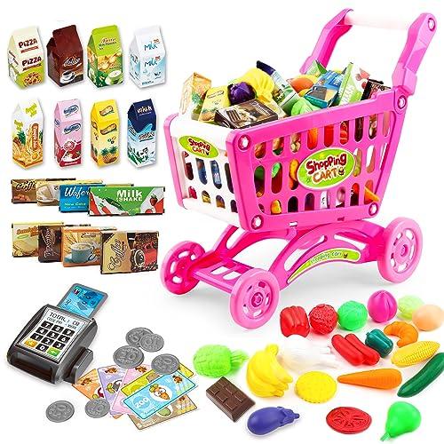 deAO Carrello Spesa Bambini Giocattolo, con più di 78 Accesori Giocattolo per Ragazzi e Ragazze, Rosa