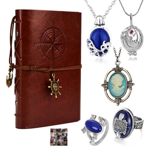 HJYZY Set di gioielli vampiro in pelle, taccuino di scrittura Elena Gilbert, medaglione collana con anello famiglia Damon, 16 pezzi, Metallo