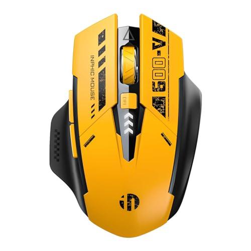 INPHIC Mouse Bluetooth, Mouse Wireless Ricaricabile (tri-mode: BT 5.0/4.0+2.4G), mouse portatile muto da 800-2400 DPI con indicatore di alimentazione per laptop, PC, Mac OS, giallo mecha
