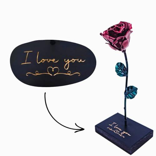 Forging Art Bcn Rosa Eterna in Ferro Forgiato a Mano con Piedistallo - Edizione I Love You (Rosso/Verde Love)