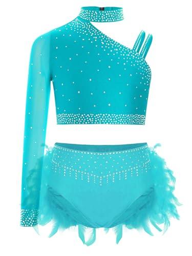 Riismen Ragazze Vestiti Danza Latina Contemporaneo​ Monospalla Crop Top da Balletto Ballo Vestito da Ballo Latino Americano Costume da Danza Samba Artistico Blu Verde 5-6 Anni