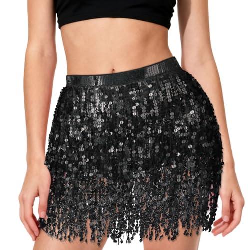 AYBUY Gonna con Paillettes Nappe, Gonna di Paillettes Wrap, Danza del Ventre con Nappe per donne e ragazze per Festival Club Rstate Spiaggia Carnevale di Halloween Mini Gonne, Nero