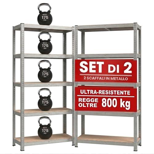 Meridiana - Set di 2 Scaffali in Metallo, Scaffalature a 5 Ripiani Regolabili, Senza Viti, Scaffale Salvaspazio per Garage, Magazzino, Portante 875kg, 40 x 90 x 180 cm, scaffale metallo garage Argento