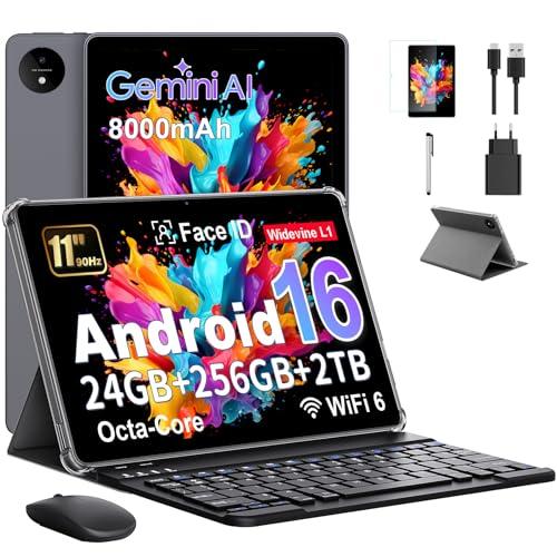 Tablet 11 Pollici con Gemini AI, Tablet Android 16 con Cover, Mouse & Tastiera, Octa-Core, 24 GB RAM + 256 GB ROM + 2 TB TF, 1920x1200 Display HD, 90 Hz, Fotocamera Doppia 8MP + 13MP, 8000mAh (Grigio)