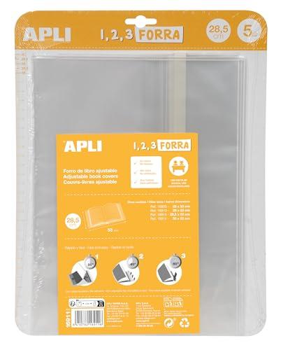 APLI 16911 - Confezione da 5 copertine per libri, con aletta regolabile in PP (polipropilene), 285 mm
