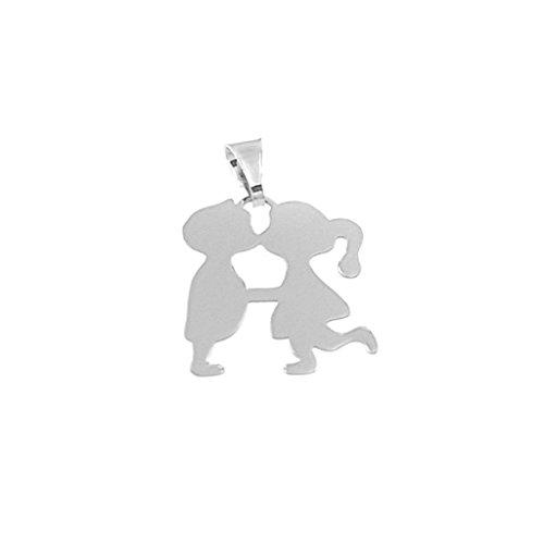 Ciondolo a forma di bambini che si baciano in argento 925 rodiato. Incisione gratuita.