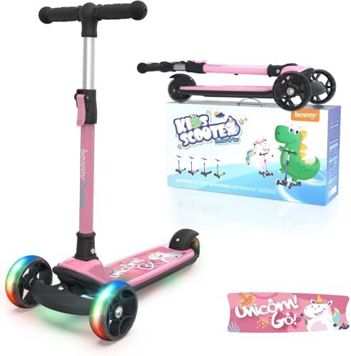 besrey Monopattino Bambina da 2-10 anni con Ruote LED Multicolore, Monopattino 3 Ruote Bambina Pieghevole, Regolabile in 4 Altezze, Unicorno rosa