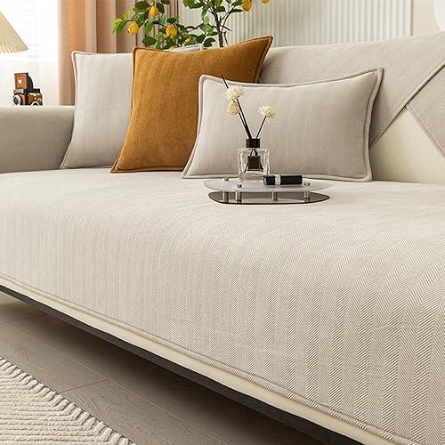 Peticehi Funny Fuzzy Sofa Cover, Herringbone Chenille Fabric Furniture Protector Sofa Cover, Cosy Solid Colour Non-Slip Couch Cover (Beige,90 * 160cm)