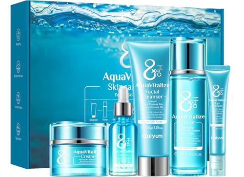 QUIYUM Set per la Cura Della Pelle del Viso, 5 Pezzi Set Regalo per la Cura Della Pelle, con Detergente, Tonico, Crema per Gli Occhi, Siero, Crema Viso Idratante Donna, per Donne e Adolescenti
