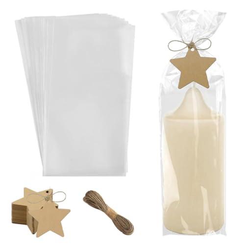 KQOZG Set di 50 sacchetti in cellophane 12,5x27,5 cm OPP con 50 etichette regalo kraft e spago per confezionare candele, dolci e biscotti per matrimoni e feste di San Valentino