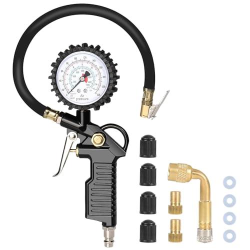 Frogetu Manometro Pressione Gomme con Tubo Flessibile, 220 PSI / 16 BARManometro per Pneumatici Gomme, Alta Precisione Manometro Pneumatici per Auto, Moto