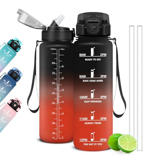 Mujigaga Borraccia 1 Litro, Borraccia Palestra con Cannuccia e Orari per Bere, Bottiglia Sportiva Motivazionale, Borracce a Prova Di Perdite per Palestra, Scuola, Yoga