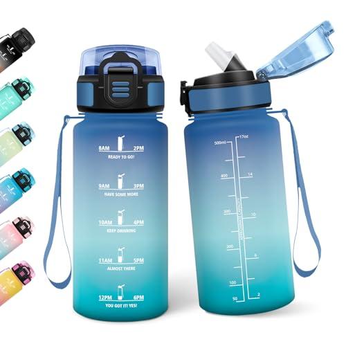 Borraccia, 500ML Con Paglia, Borraccia Bambini, Senza BPA, Borracce con Cannuccia, Bottiglia d'acqua Motivazionale con Indicatore del Tempo, Bottiglia Acqua per Scuola, Sport, Yoga - Verde brillante