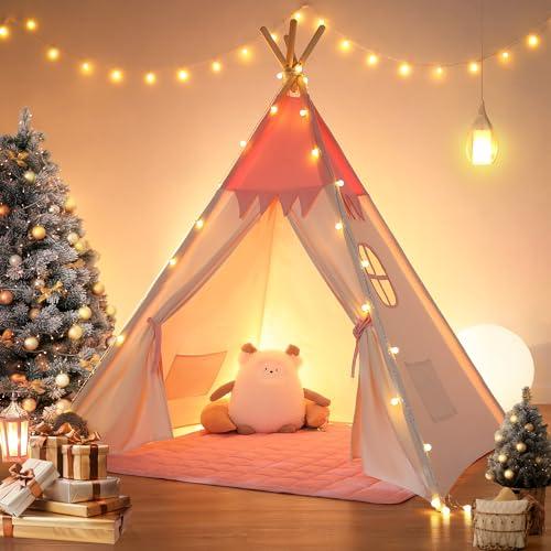 besrey Tenda per Bambini da Gioco in Tela Indiana Teepee in Cotone con Tappetino Imbottito e Luci Fatate (Rosa e bianco)