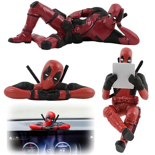 3 Pezzi Deadpool Marvel Decorazioni Auto - Action Figure, Portachiavi e Gadget per Specchietto Retrovisore