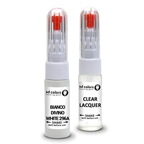 SD COLORS Bianco Divino 296A - Kit di Riparazione Con Penna per Ritocco Fiat New Touch Up 20 ML, Pennello per Capelli Graffio Codice Colore 296A (Verniciatura+Lacca)