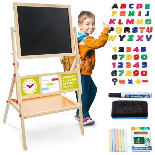 Mamabrum Lavagna Bambini con Cavalletto Bifacciale, Lavagna per Bambini, Magnetica e Gesso, Lavagnetta Cancellabile 98 x 45 x 42 cm, Gessetti, Pennarello, Spugna, Letterine e Numeri Magnetici