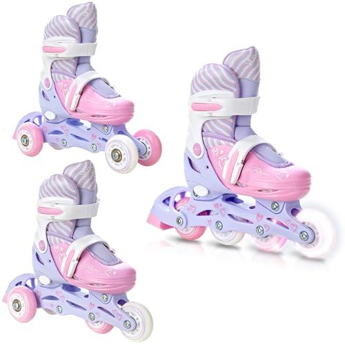 Raven - Pattini a rotelle per bambini, ragazze, adulti, bambini - Pattini a rotelle 3 in 1 con pattini quad, per principianti - Regolabili - Loret Lila/Pink, 30-33 (18,5-20,5cm)