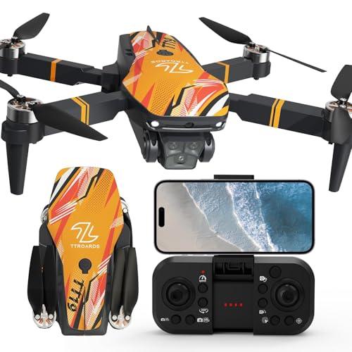 TTROARDS Drone con Fotocamera 1080P per Adulti, TT19 Droni con Sistema di Prevenzione Degli Ostacoli, Posizionamento Ottico, Mini Drone Pieghevole per Principianti con Protezioni per Eliche, Arancione