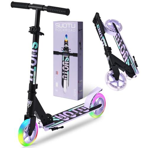 SUOTU Monopattino con 2 Ruote luminose da 145 mm, Pieghevole, Regolabile in Altezza, Scooter per Bambini 3-12 Anni, Alluminio (Nero Viola)