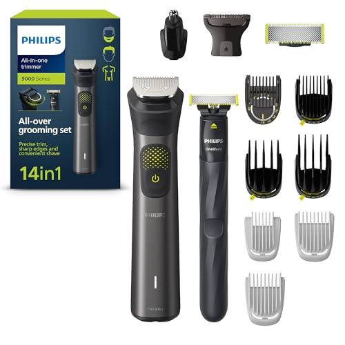 Philips Series 9000 14-in-1 Rifinitore + OneBlade, rifinitura precisa, bordi ben definiti, rasatura comoda, borsa da toilette di qualità, lama OneBlade extra (modello MG9550/15)