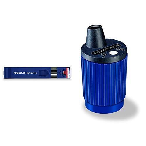 Staedtler temperamine Mars, con serbatoio, per mine da 2 mm, 502 & 200-2H Astuccio con 12 Mine Mars in Carbone, 2 mm