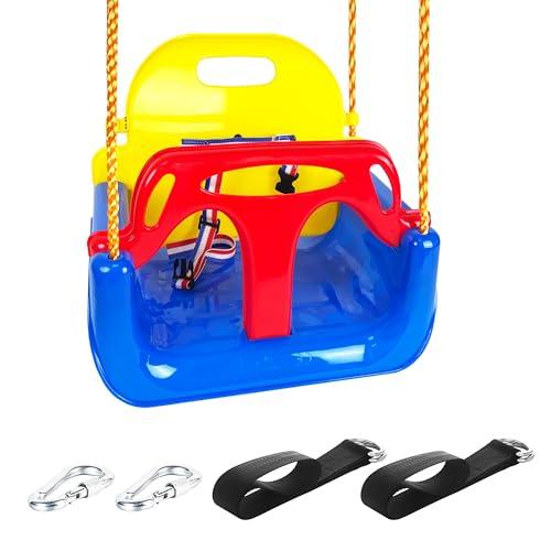 KINSPORY Altalena da Giardino 3 in 1 per Bambini, Altalena per bambini 3 in 1, Seggiolino Altalena Bambini Sedile in Plastica con Schienale e Cintura di Sicurezza per Esterno e Interno (Blu)