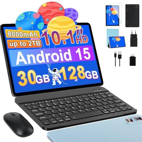 fezawio Tablet 10 pollici Android 15,30GB RAM + 128 ROM (2TB TF) 5G WiFi, Gemini AI, Supporto Widevine L1, 8000mAh,5MP+8MP, GPS, Face ID, BT 5.0, Tablet con Tastiera+Mouse+Case, Blu