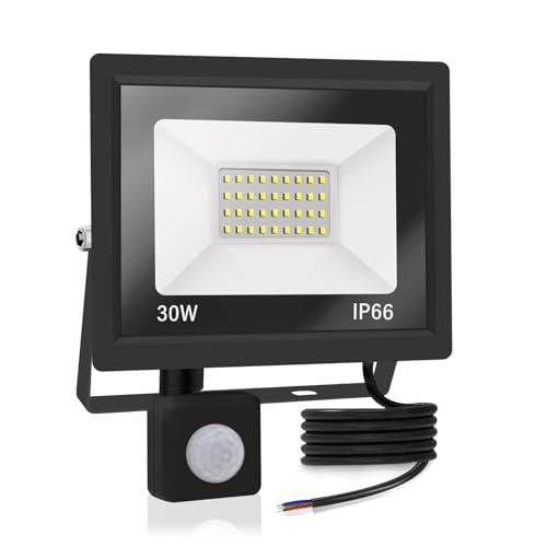 Faretto LED da 30 W con sensore di movimento, 3000 lm, faretto LED con sensore di movimento, IP66, impermeabile, 6000 K, bianco freddo, per giardino, garage, fabbrica