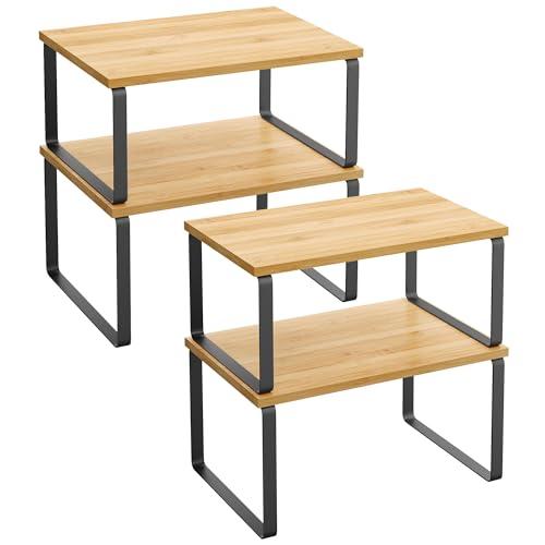 SONGMICS Organizzatori da Cucina, Set di 4 Scaffali da Banco, Portaoggetti per Armadietto, Impilabile, Espandibile, Metallo e Legno Ingegnerizzato, Nero Inchiostro e Beige Naturale KCS10NB
