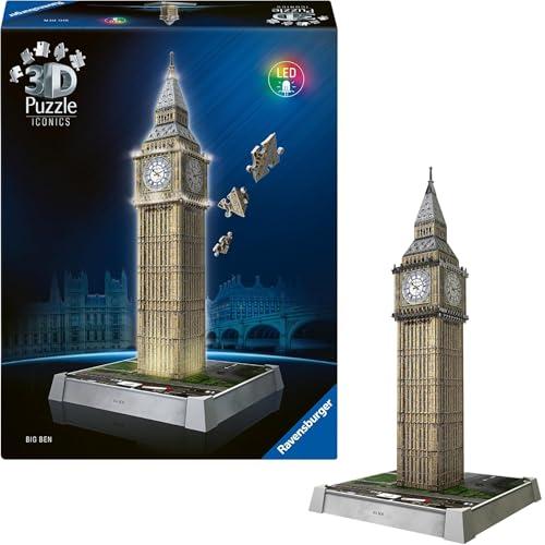 Ravensburger - Puzzle 3d Iconics Big Ben LED | Puzzle 3d Per Adulti E Bambini A Partire Dagli 8 Anni | Modellismo Da Costruire Adulti Di 216 Pezzi | Regalo Bambino 8 Anni E Più