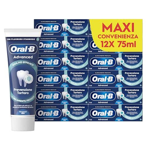 Oral-B Dentifricio Advanced Prevenzione Tartaro 12x75ml, Dentifricio Oral B Anti Tartaro con Microgranuli Attivi, Clinicamente Provato, Pulizia Denti Efficace, Sapore Menta Fresca, Alito Fresco