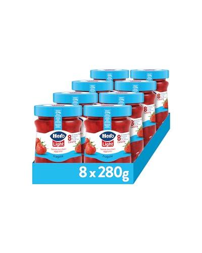 Hero Light Confettura di Fragole Light, 8 Vasetti da 280 gr, Marmellata e Confettura Extra con Frutta di Alta Qualità, Senza Zuccheri Aggiunti e Pochissime Calorie per Porzione