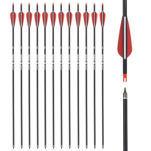 ELONG OUTDOOR 30 Pollici Freccia di Carbonio 12Pcs, Spine 500 Tiro con L'Arco Frecce in Fibra Sostituibile Broadhead Nock Ruotabile per Arco Ricurvo Arco Compound per Allenamento di Tiro al Bersaglio