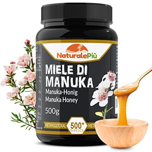 NaturalePiù Miele di Manuka 500+ MGO 500g. Dalla Nuova Zelanda. Certificato in Laboratorio. Miele Balsamico Puro. Mono floreale, Ideale per la Cura delle Ferite. Tè, Cereali e Prodotti da Forno.
