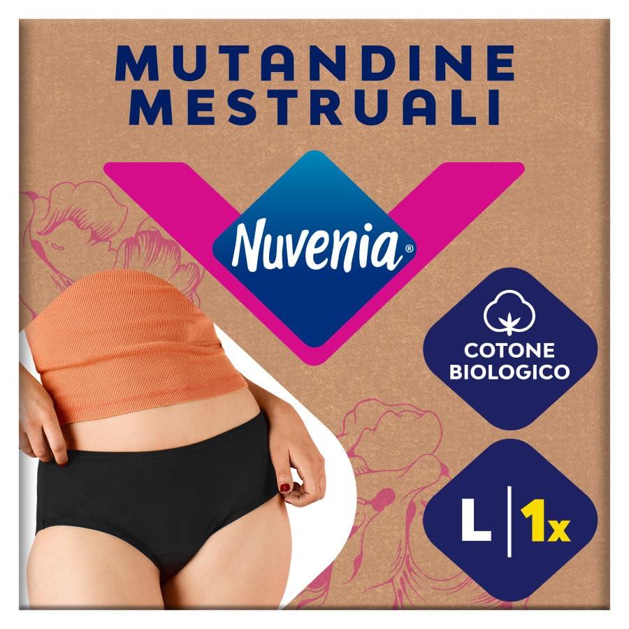 Nuvenia Mutandine Mestruali in cotone biologico, Lavabili e riutilizzabili per Giorno e Notte, Flusso Moderato-Abbondante, Colore Nero, Taglia L, 1 confezione, Comfort fit